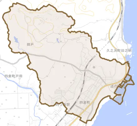 四倉町とその周辺の地図。町の範囲を重ねている