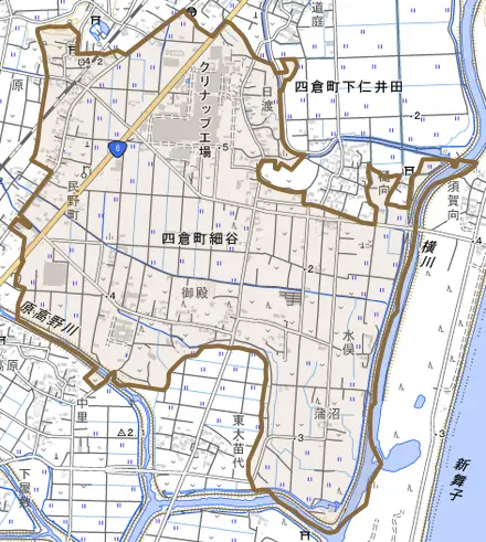 四倉町細谷とその周辺の地図。町の範囲を重ねている