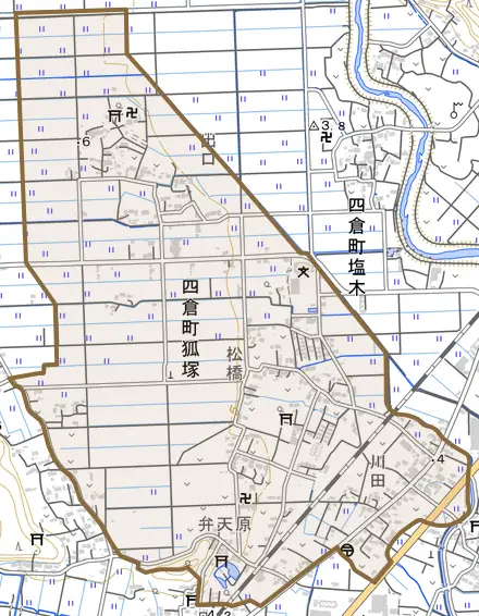 四倉町狐塚とその周辺の地図。町の範囲を重ねている