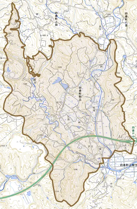 四倉町駒込とその周辺の地図。町の範囲を重ねている
