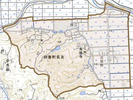 四倉町長友とその周辺の地図。町の範囲を重ねている