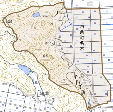 四倉町名木とその周辺の地図。町の範囲を重ねている