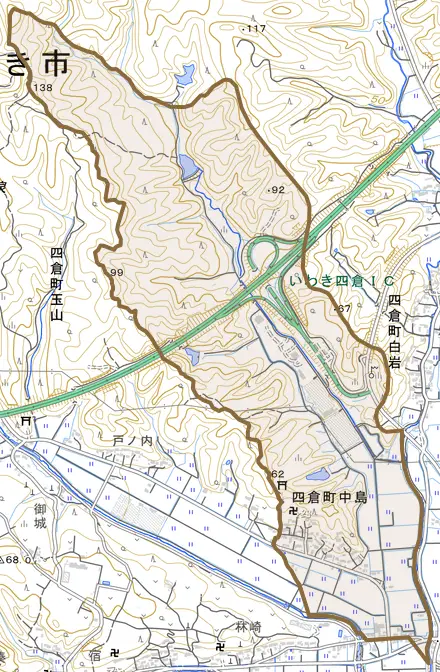 四倉町中島とその周辺の地図。町の範囲を重ねている