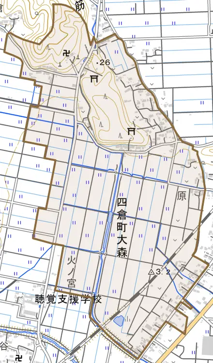 四倉町大森とその周辺の地図。町の範囲を重ねている