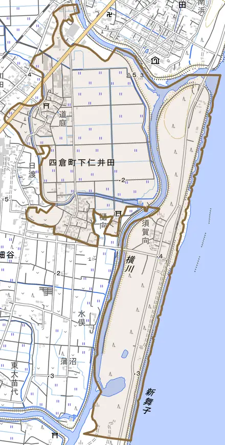 四倉町下仁井田とその周辺の地図。町の範囲を重ねている