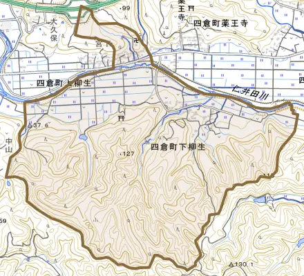 四倉町下柳生とその周辺の地図。町の範囲を重ねている