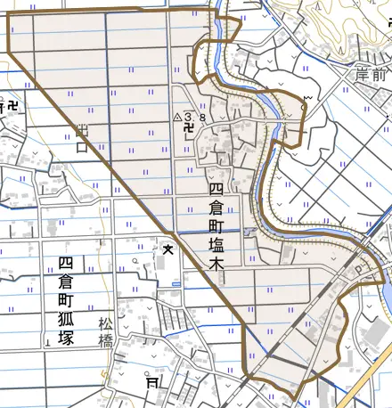 四倉町塩木とその周辺の地図。町の範囲を重ねている