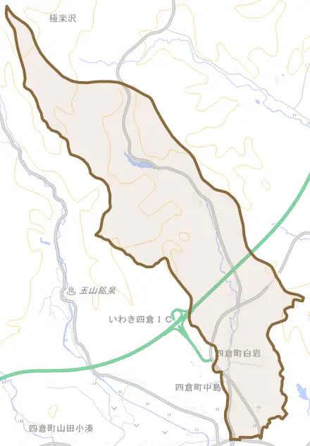 四倉町白岩とその周辺の地図。町の範囲を重ねている