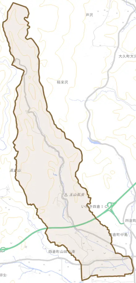 四倉町玉山とその周辺の地図。町の範囲を重ねている