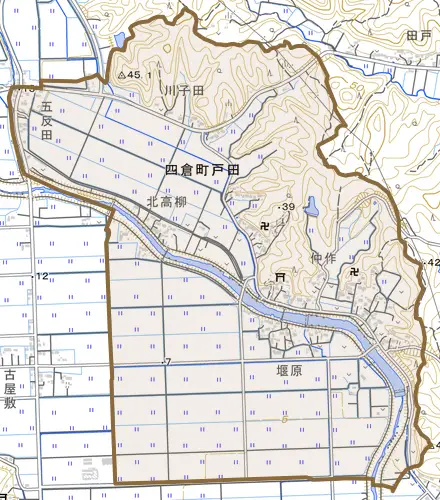 四倉町戸田とその周辺の地図。町の範囲を重ねている