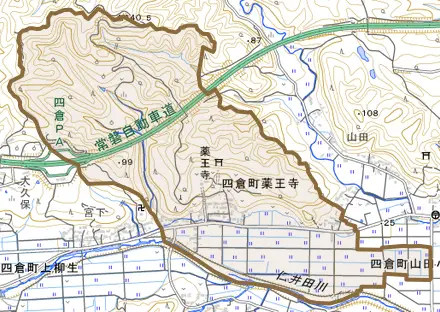 四倉町薬王寺とその周辺の地図。町の範囲を重ねている