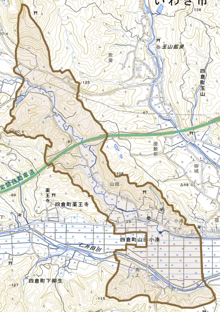 四倉町山田小湊とその周辺の地図。町の範囲を重ねている