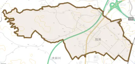大字踏瀬とその周辺の地図。町の範囲を重ねている