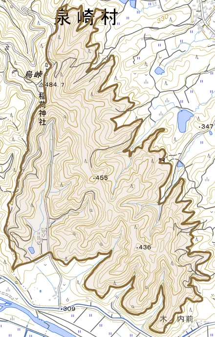 大字北平山とその周辺の地図。町の範囲を重ねている