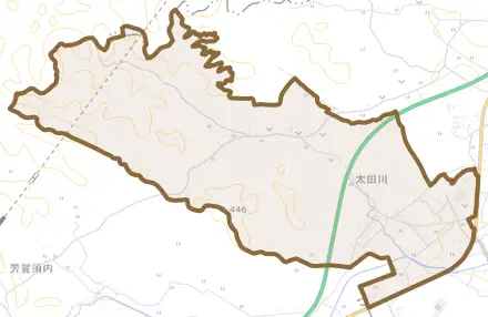 大字太田川とその周辺の地図。町の範囲を重ねている
