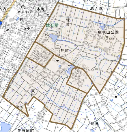旭町とその周辺の地図。町の範囲を重ねている