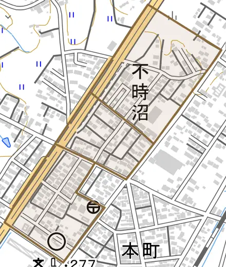 不時沼とその周辺の地図。町の範囲を重ねている