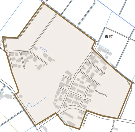 東町とその周辺の地図。町の範囲を重ねている