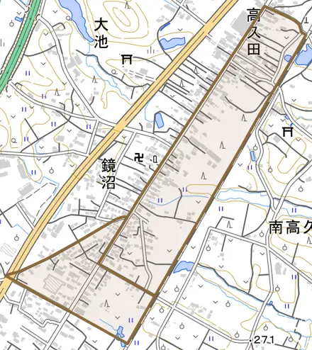 鏡沼とその周辺の地図。町の範囲を重ねている