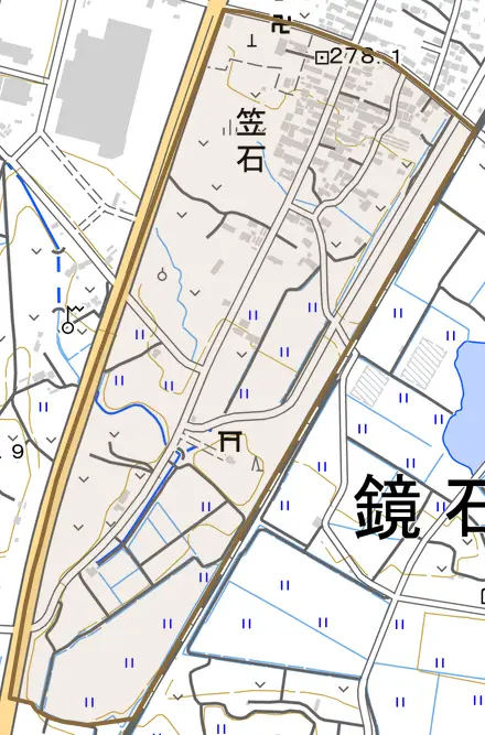 笠石とその周辺の地図。町の範囲を重ねている
