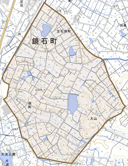 笠石原町とその周辺の地図。町の範囲を重ねている