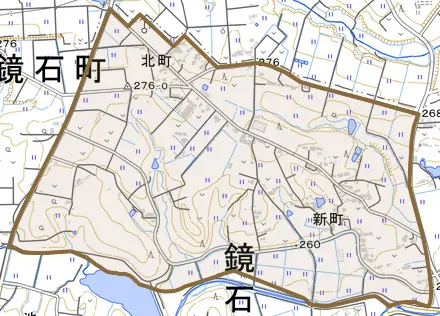 北町とその周辺の地図。町の範囲を重ねている