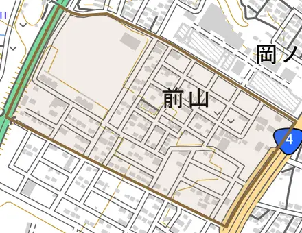 前山とその周辺の地図。町の範囲を重ねている