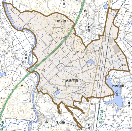 南町とその周辺の地図。町の範囲を重ねている
