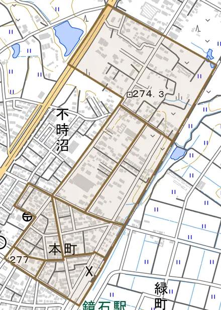 本町とその周辺の地図。町の範囲を重ねている