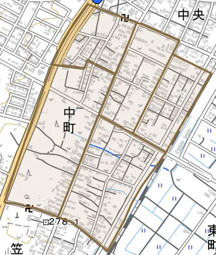 中町とその周辺の地図。町の範囲を重ねている