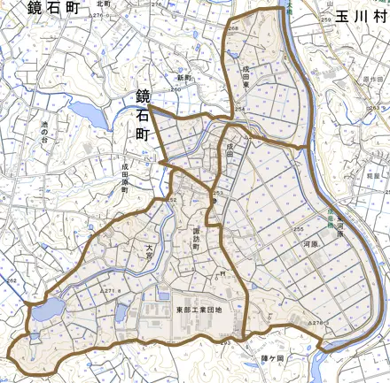 成田とその周辺の地図。町の範囲を重ねている