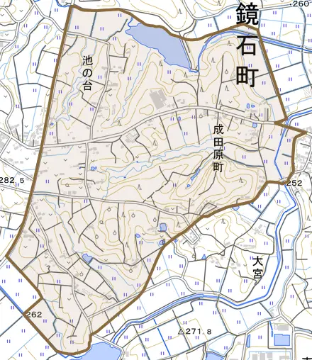 成田原町とその周辺の地図。町の範囲を重ねている