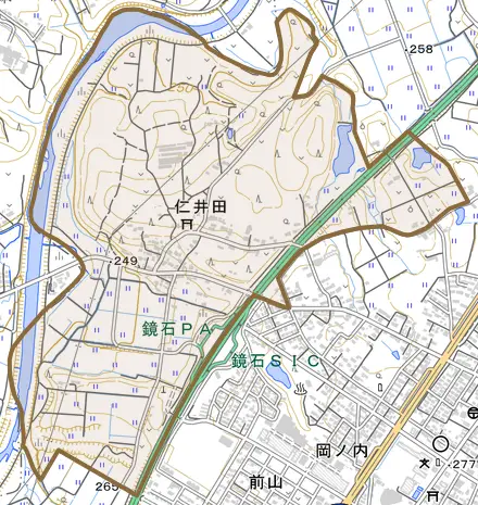 仁井田とその周辺の地図。町の範囲を重ねている