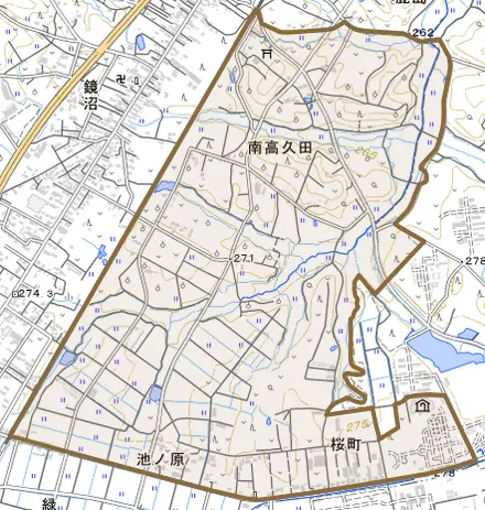桜町とその周辺の地図。町の範囲を重ねている