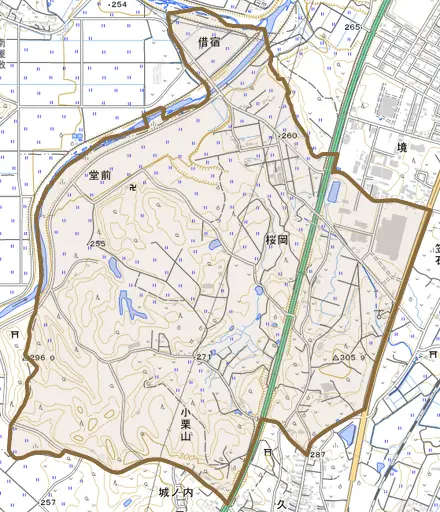 桜岡とその周辺の地図。町の範囲を重ねている