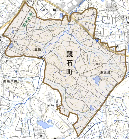 高久田とその周辺の地図。町の範囲を重ねている