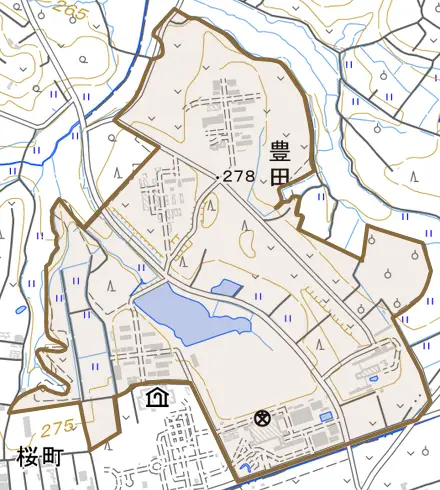 豊田とその周辺の地図。町の範囲を重ねている