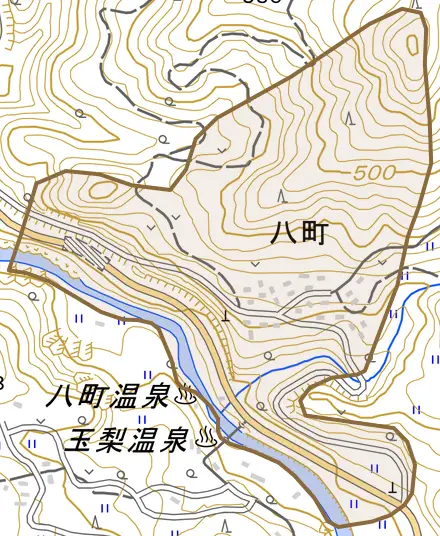 八町とその周辺の地図。町の範囲を重ねている