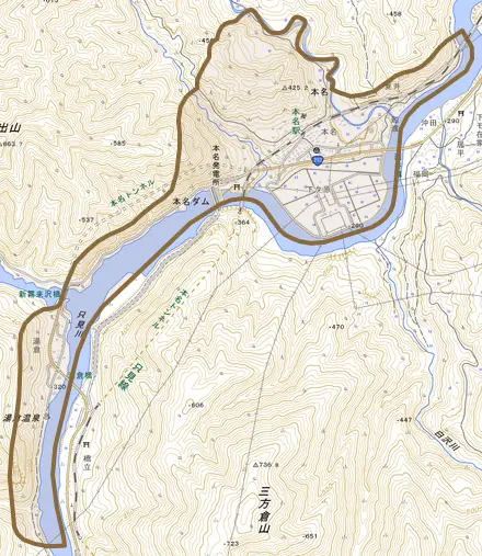 本名とその周辺の地図。町の範囲を重ねている