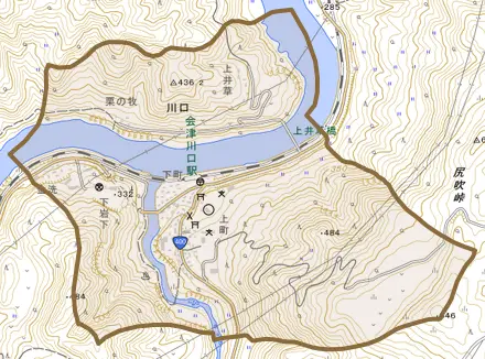 川口とその周辺の地図。町の範囲を重ねている