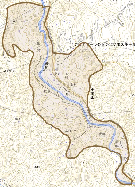 小栗山とその周辺の地図。町の範囲を重ねている
