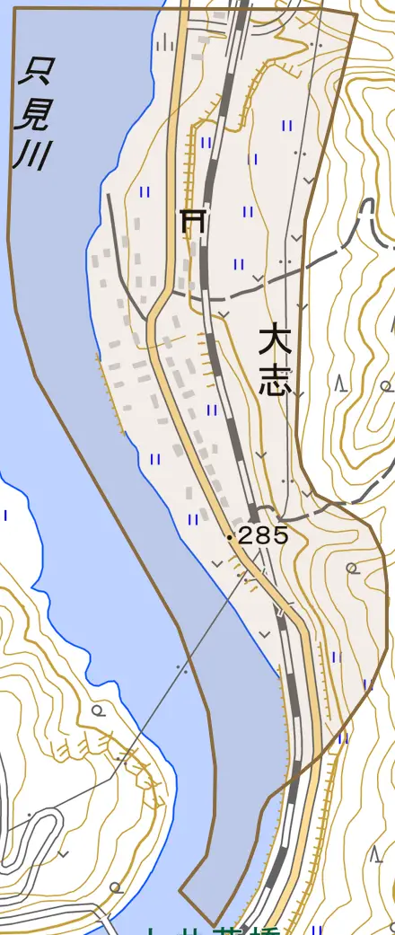 大志とその周辺の地図。町の範囲を重ねている