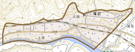 滝沢とその周辺の地図。町の範囲を重ねている