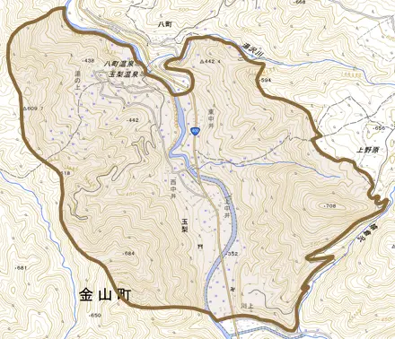玉梨とその周辺の地図。町の範囲を重ねている