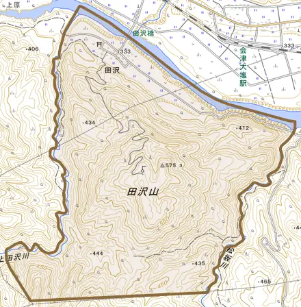 田沢とその周辺の地図。町の範囲を重ねている