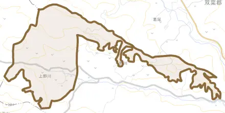 大字上野川とその周辺の地図。町の範囲を重ねている