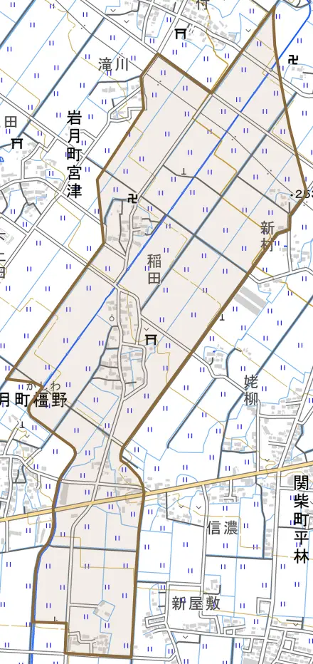 字馬場とその周辺の地図。町の範囲を重ねている