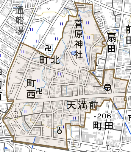 字番帳免とその周辺の地図。町の範囲を重ねている