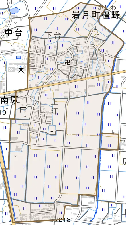 字台とその周辺の地図。町の範囲を重ねている