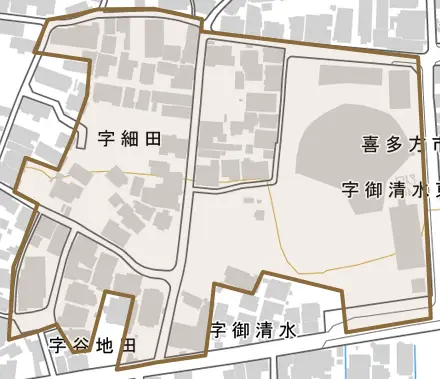 字細田とその周辺の地図。町の範囲を重ねている